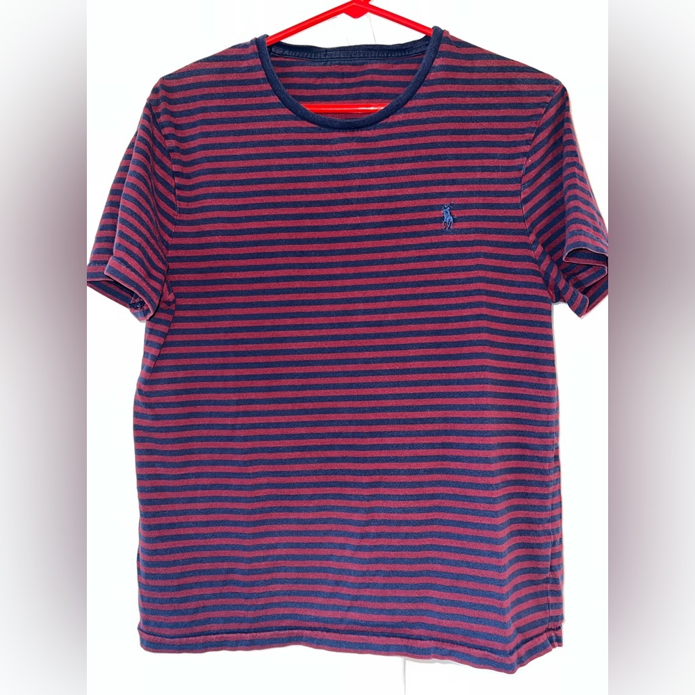 Polo by Ralph Lauren Men's Navy and Red Striped Tee Large